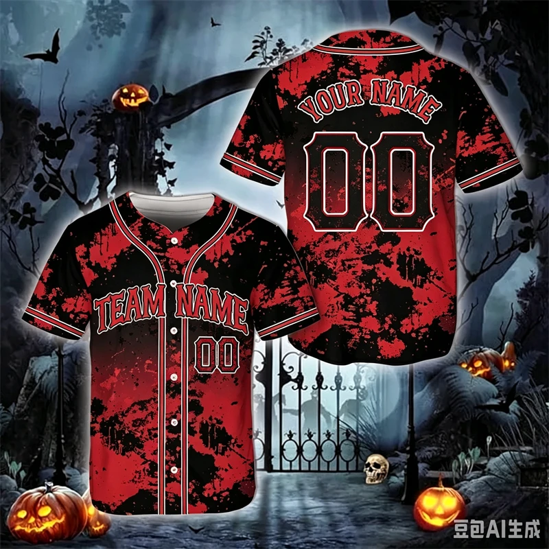 BMen Women Custom Name Halloween Baseball Uniform 3D Print Short Sleeve Button Down Jersey Tops Halloween Festival Casual Outfit