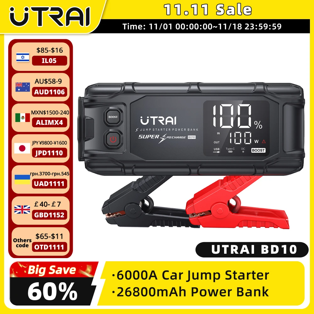 UTRAI 26800mAh 6000A Car Jump Starter Powerful Portable Power Bank PD45W Fast Charging 6.0