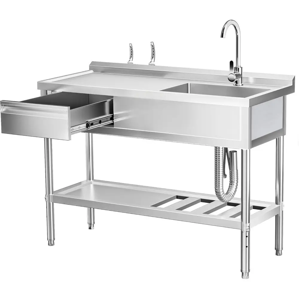 Standing Single Bowl Commercial Kitchen Sink w/Workbench & Storage Shelf, w/Holding Water Pipes & Faucet for Laundry Room, Indoo