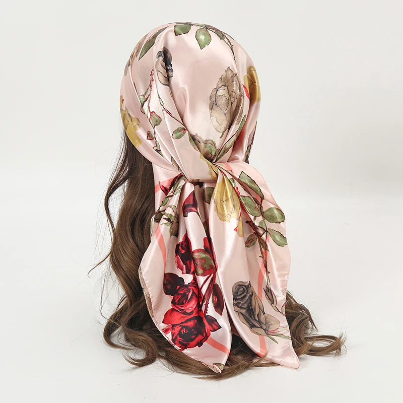 Spring New Flowers Print Satin Square Scarf for Women Muslim Hijab Silk Neckerchief Shawl Wraps Headband Foulard Bandana Turban view 2