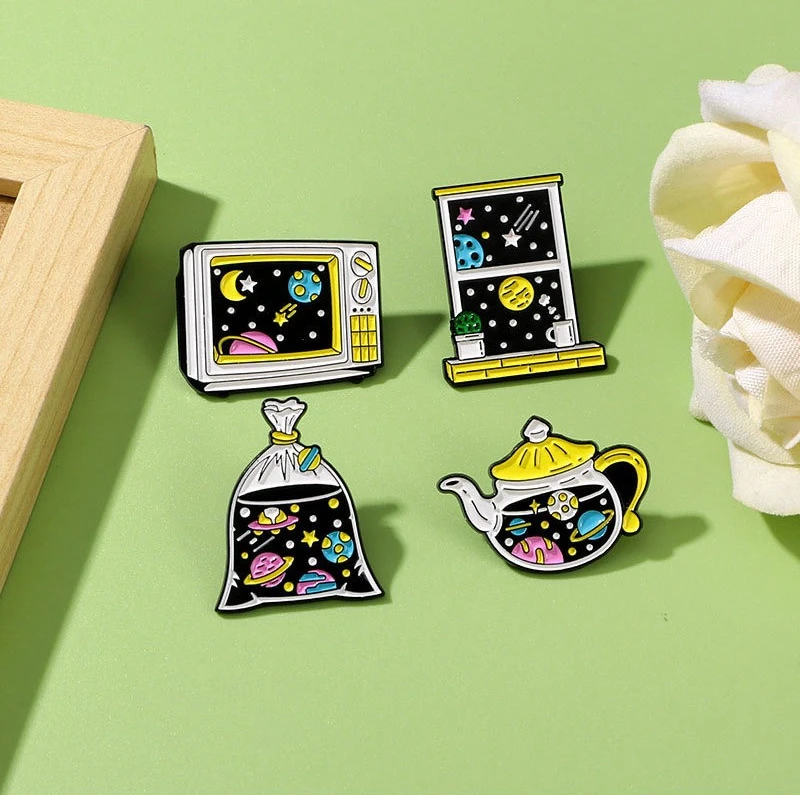 Unisex Cartoon Enamel Starry Sky Alloy Brooch Badge Planet Moon Meteor DIY Clothes Bags Shoes Scarf Tshirt Jeans Pin Accessory