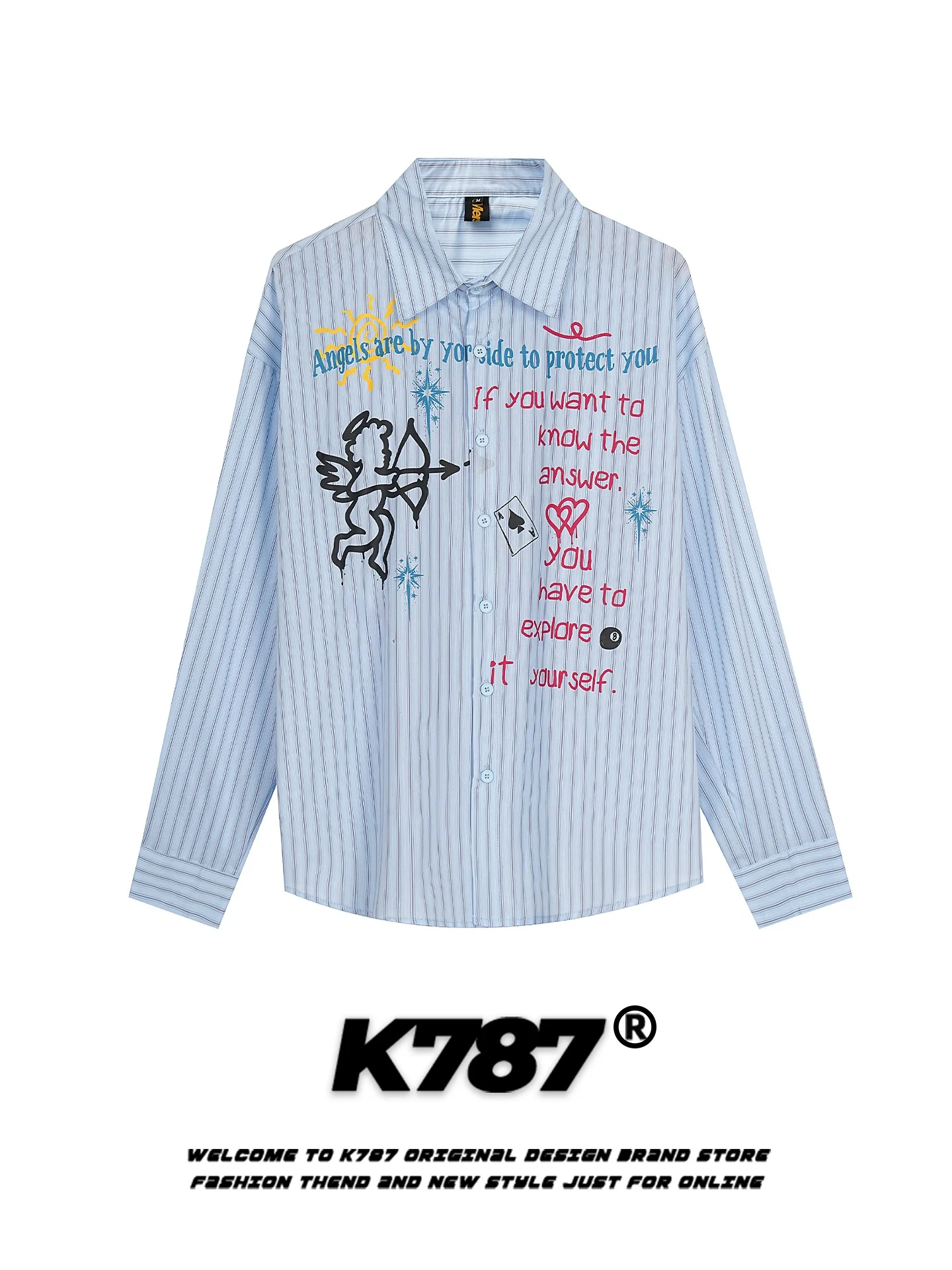 

K787 American Retro Cupid Letter Print Long Sve irt Women's Striped Loose Casual Outerwear irt Street Sle Cotton Blend