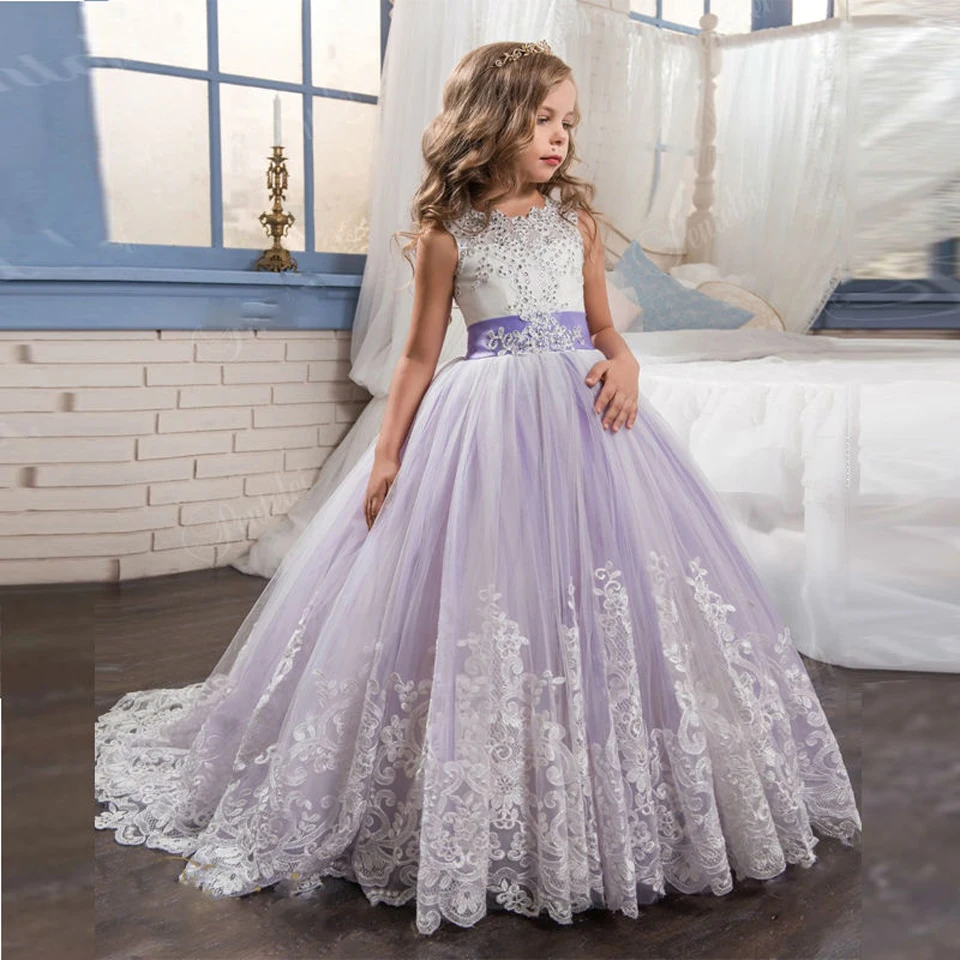 

Beloving Lace Appliques Flower Girl Dresses For Weddings Beaded Baby Party Ball Gown Kids Prom Gowns First Communion Dress Multi