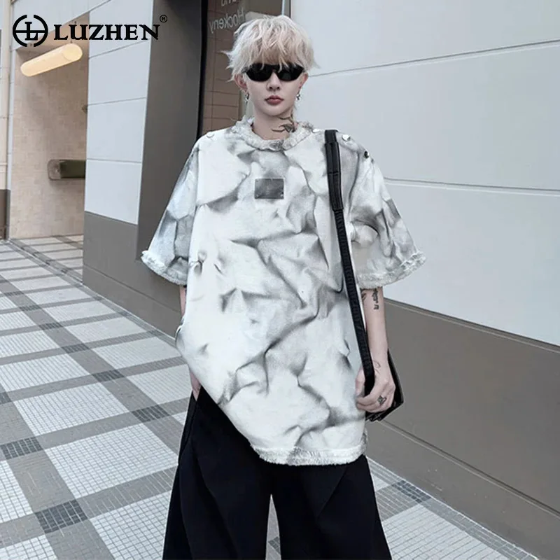 

Оригинальные мужские футболки с рукавами LUZHEN, окрашенные в галстук, свободные 2029, короткие летние уличные модные мужские топы с подплечниками и круглым вырезом, JY2635