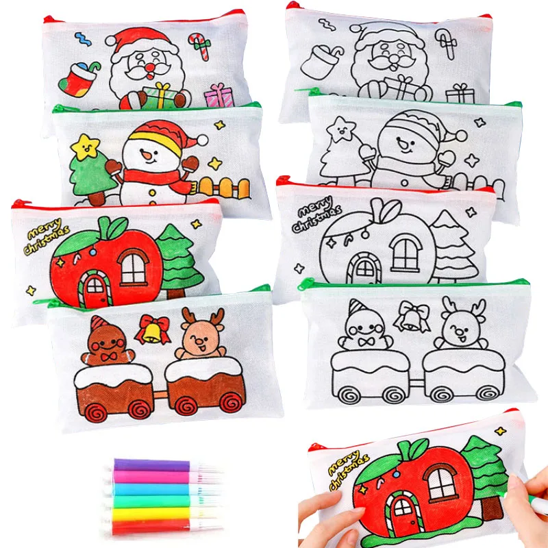 Cartone animato Natale Graffiti Astuccio per matite Scuola materna Disegno fatto a mano Regalo di cancelleria Bambini Ragazzi Ragazze Bambini Borsa per penne colorate fai-da-te