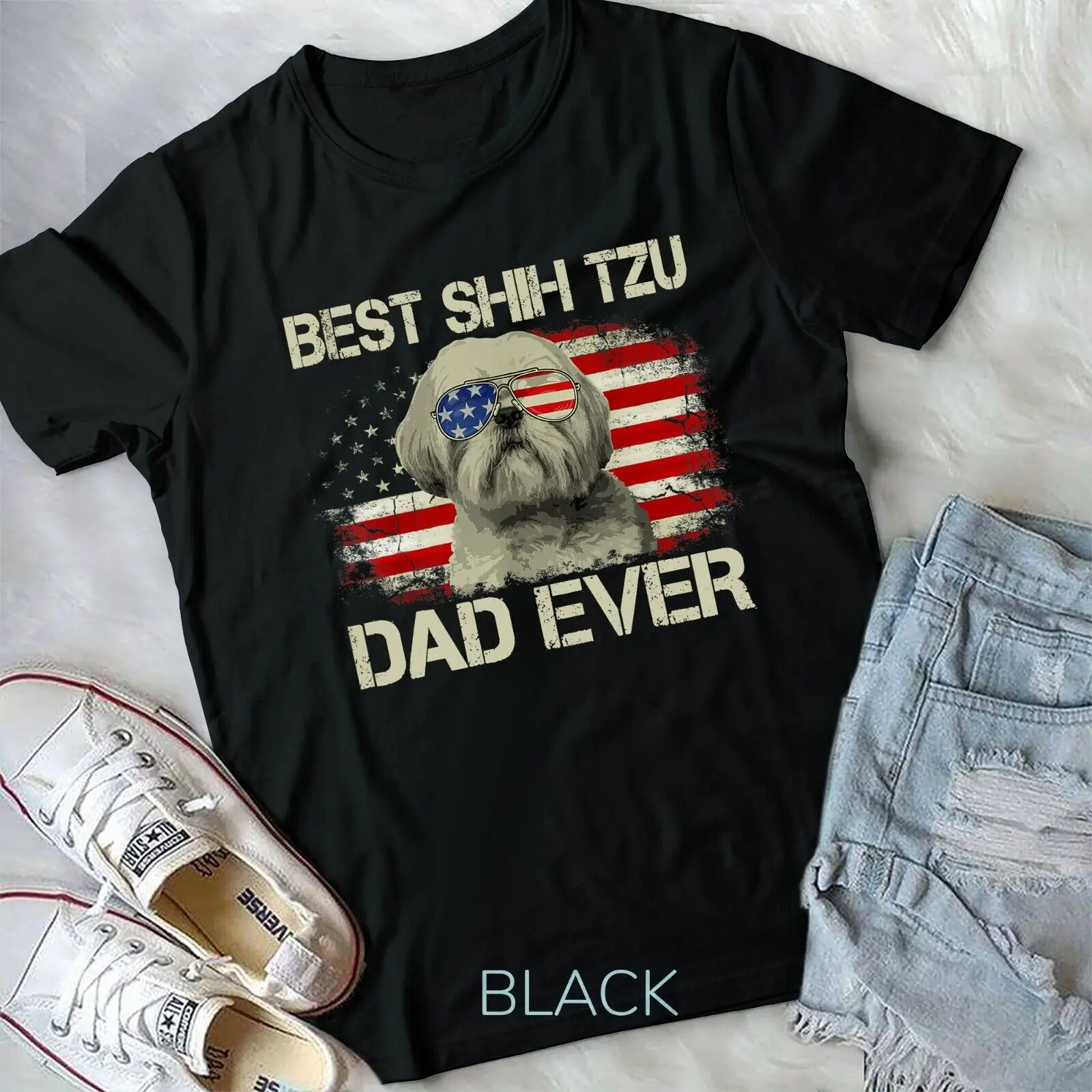 

Mens Best Shih Tzu Dad Ever Tshirt Dog Lover American Flag Gift Unisex T-shirt