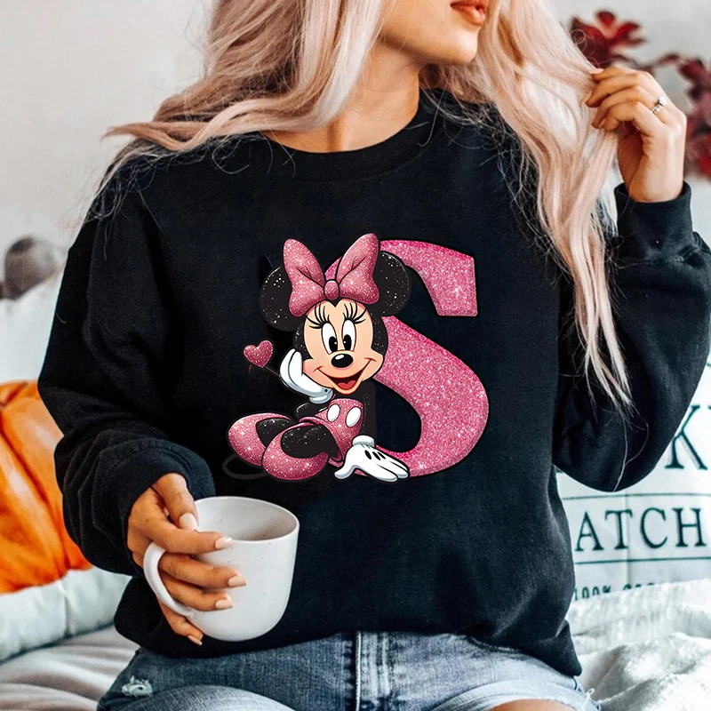 Pullovers Disney Minnie Alphabet A-Z Fashion Sweatshirts Hoodies Clothes Long Sleeves Clothing Autumn Ladies Top Black Clothing