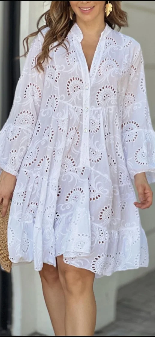 

Dresses for Women 2023 New Casual Fashion Sweet Solid V-Neck Loose Embroidered Hollow Lace Flower Sexy Dresses Elegant Commuting