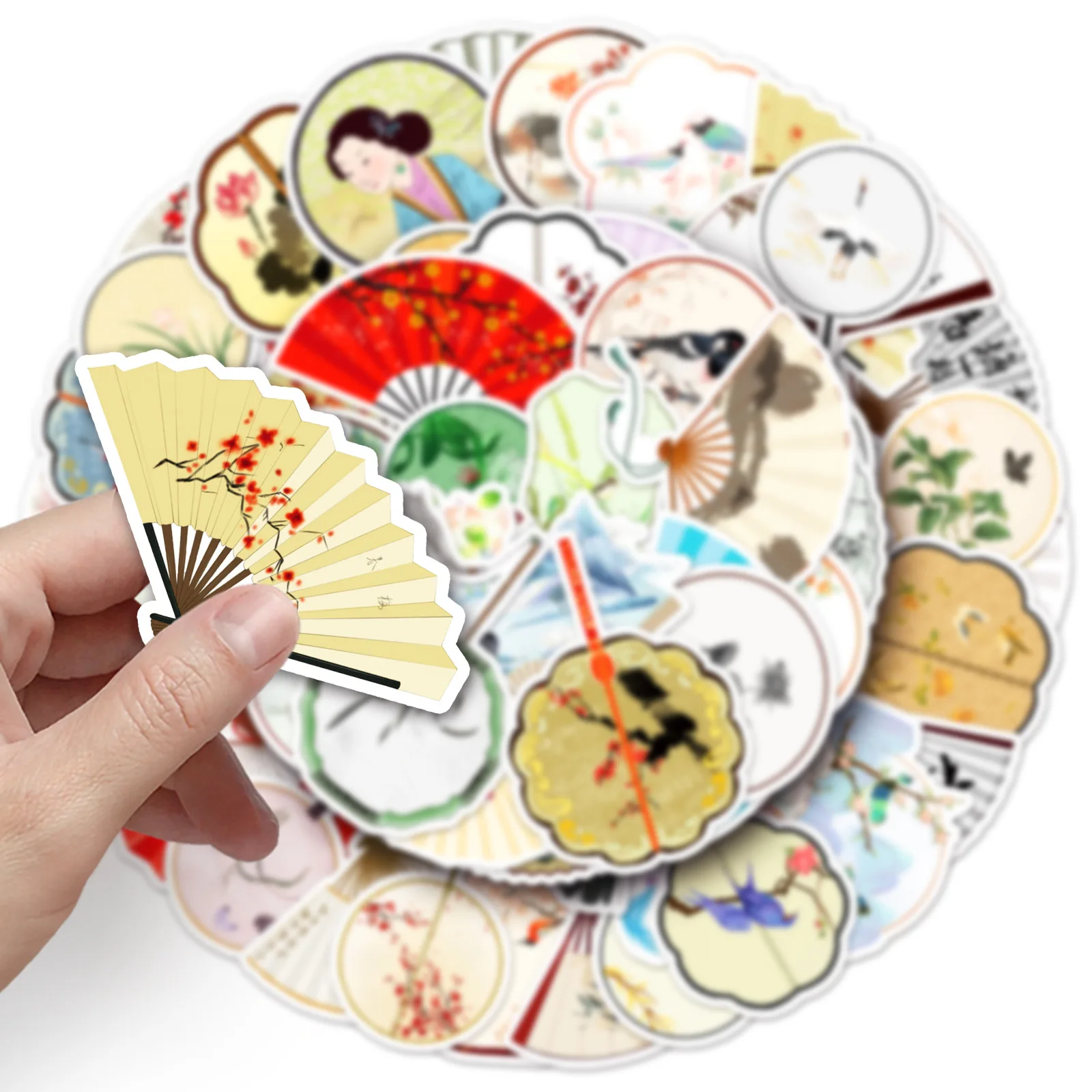 10/50PCS Chinese Ancient Aesthetic Paper Fan Graffiti Stickers Funny Decal For Laptop Guitar Stationery PVC Waterproof Sticker