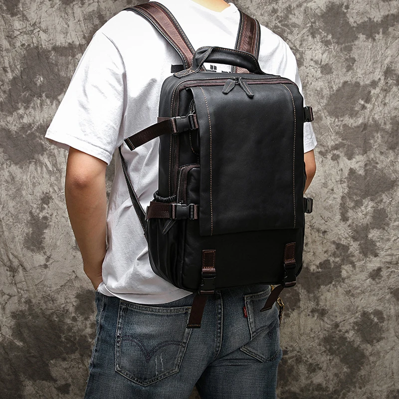 Genuine Leather Men's Backpack First Layer Cowhide Leisure Business Travel Backpack Large Capacity Laptop Bag Weekender Bag