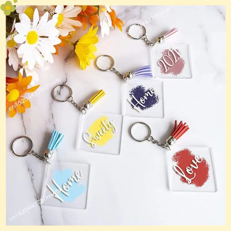 LDHL 120 Pcs Square Acrylic Keychain Blanks Tassels Set Including Acrylic Blanks Silver