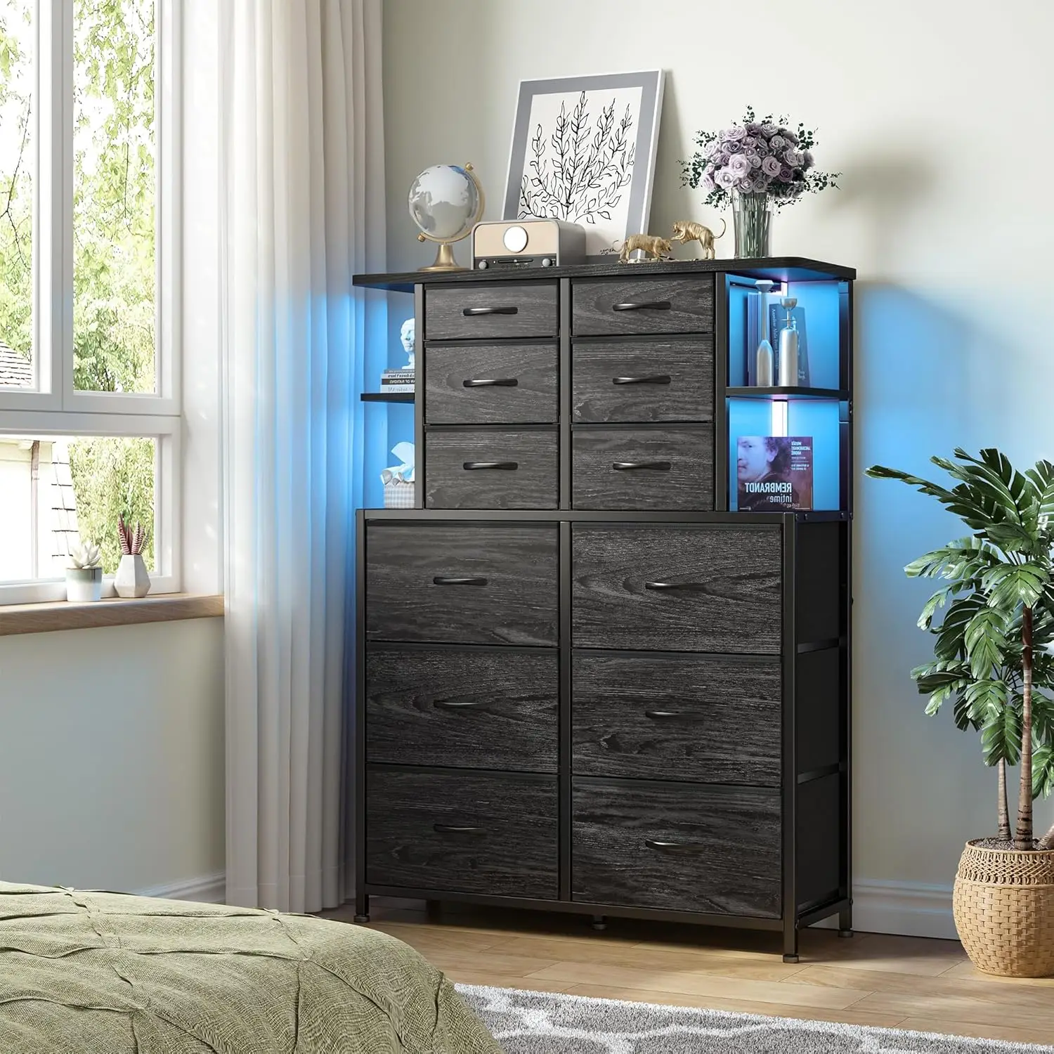 

Dresser for Bedroom with LED Lights and 12 Fabric Dresser with 4 Open Shelves, Chest of Drawers, Metal Frame, Black