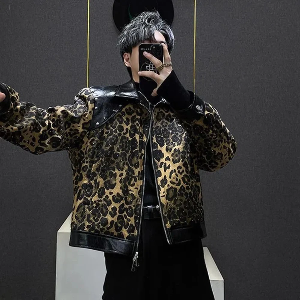 

Mens Spring Jacket Y2k Rhinestone Leopard Print Pu Leather Patchwork Casual Jacket Streetwear Fashion Campus Top Men'S Clothing