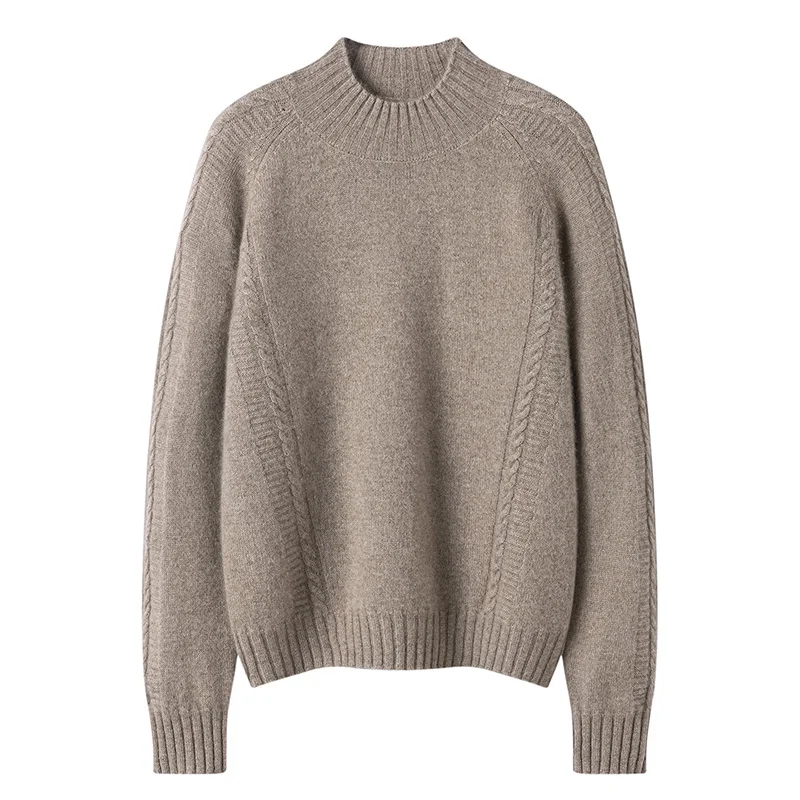 Sweter damski z kaszmiru 100%, model 2025, z półgolfem, luźny, dziergany, modny, ciepły, gruby, wysokiej jakości, koszula kaszmirowa.