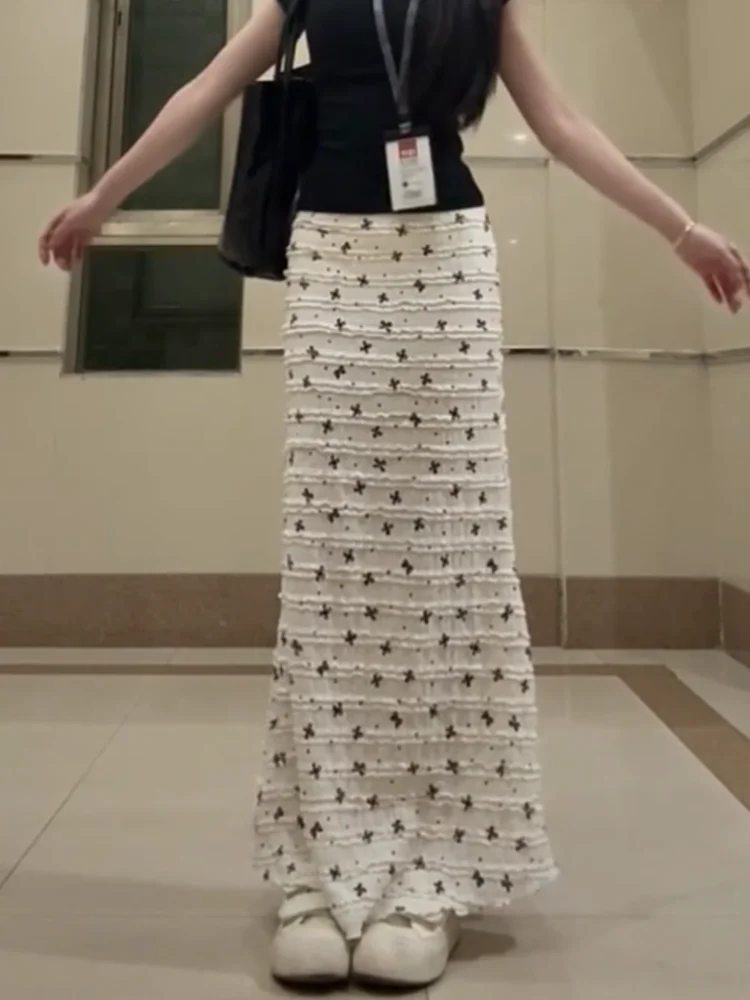 

White Floral Print A-Line Midi Skirt Korean Style Summer New Fashion Small Size Women's Clothing Commute Rectangular Body Type