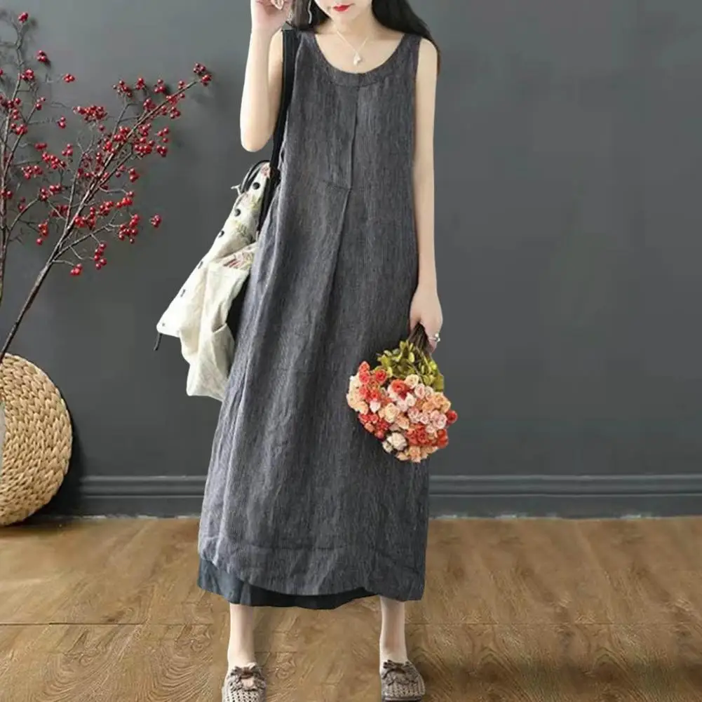 

Summer Women Sundress Vest Type Sleeveless Dress Loose Big Swing Side Pockets Mid-calf Length Casual Daily Midi Dress