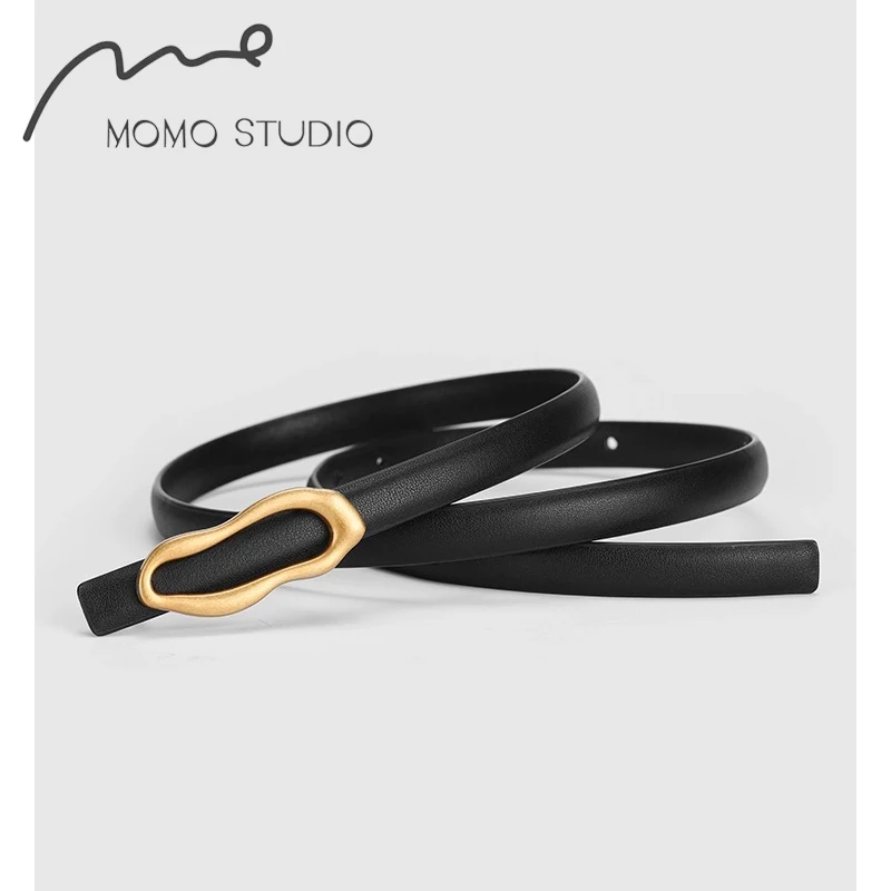 New Dual-Use Trend Belt For Women Retro Gold Buckle Thin Belts Matching Female Dress Jeans Adjustable Genuine Leather Waistband