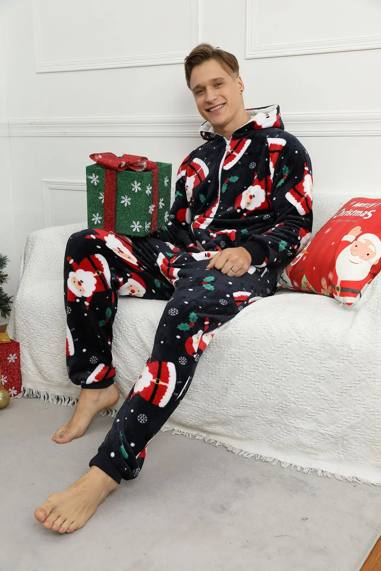 Christmas Print Sleepwear Kigurumi Hooded Pajama Sets For Adult Men Pajamas Autumn Winter Warm Pyjamas Overall Suits