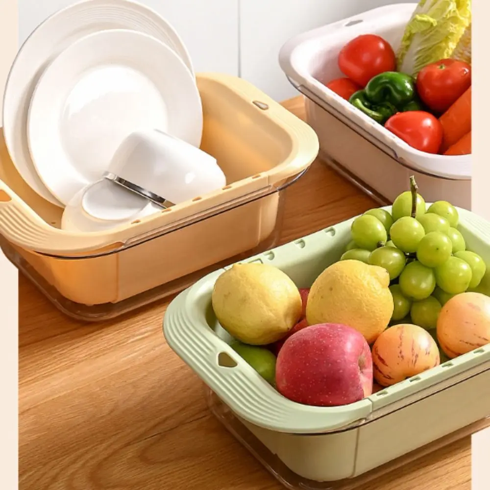 Large Capacity Double-Layer Draining Basket Retractable Side Handle Vegetable Washing Basin Plastic Fruits Cleaning Basket