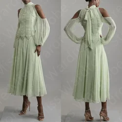 Customized Classic Sage Evening Dresses Mid Calf Length Arabic Prom Party Gowns Off Shoulder Wedding Guest Dresses High Neck