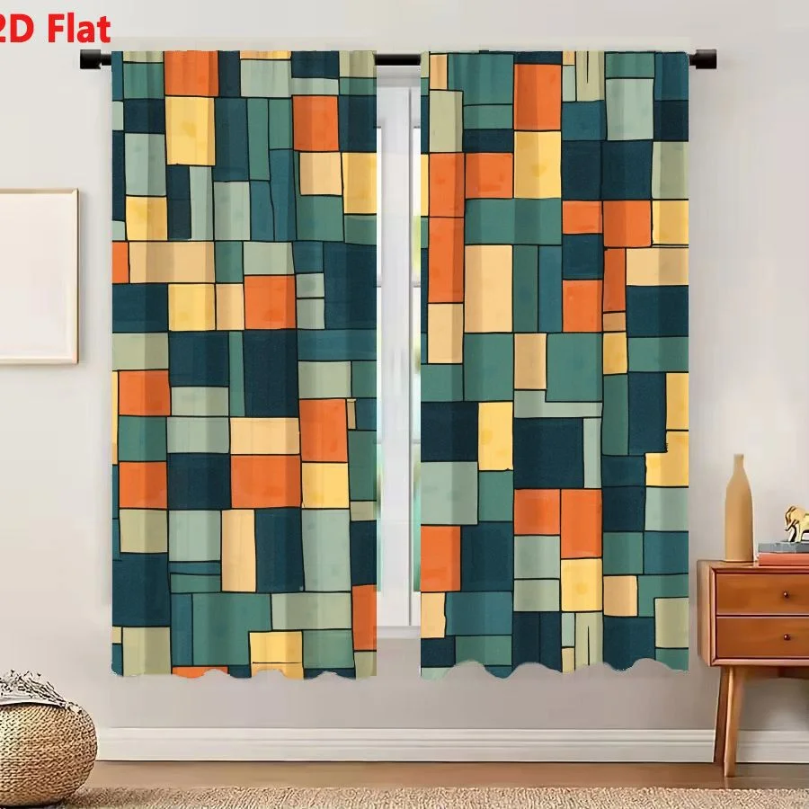 2Pcs Curtains 2D Flat Seamless Abstract Mosaic Pattern With Earthy Teal Slate Blue And Warm Orange Mustard Yellow Watercolor Tex