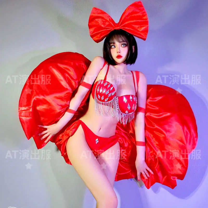 

New Year'S Day Female Singer Costumes Red Bikini Suit Bow Headdress Backboard Modern Pole Dance Clothes Rave Outfits DWY8630