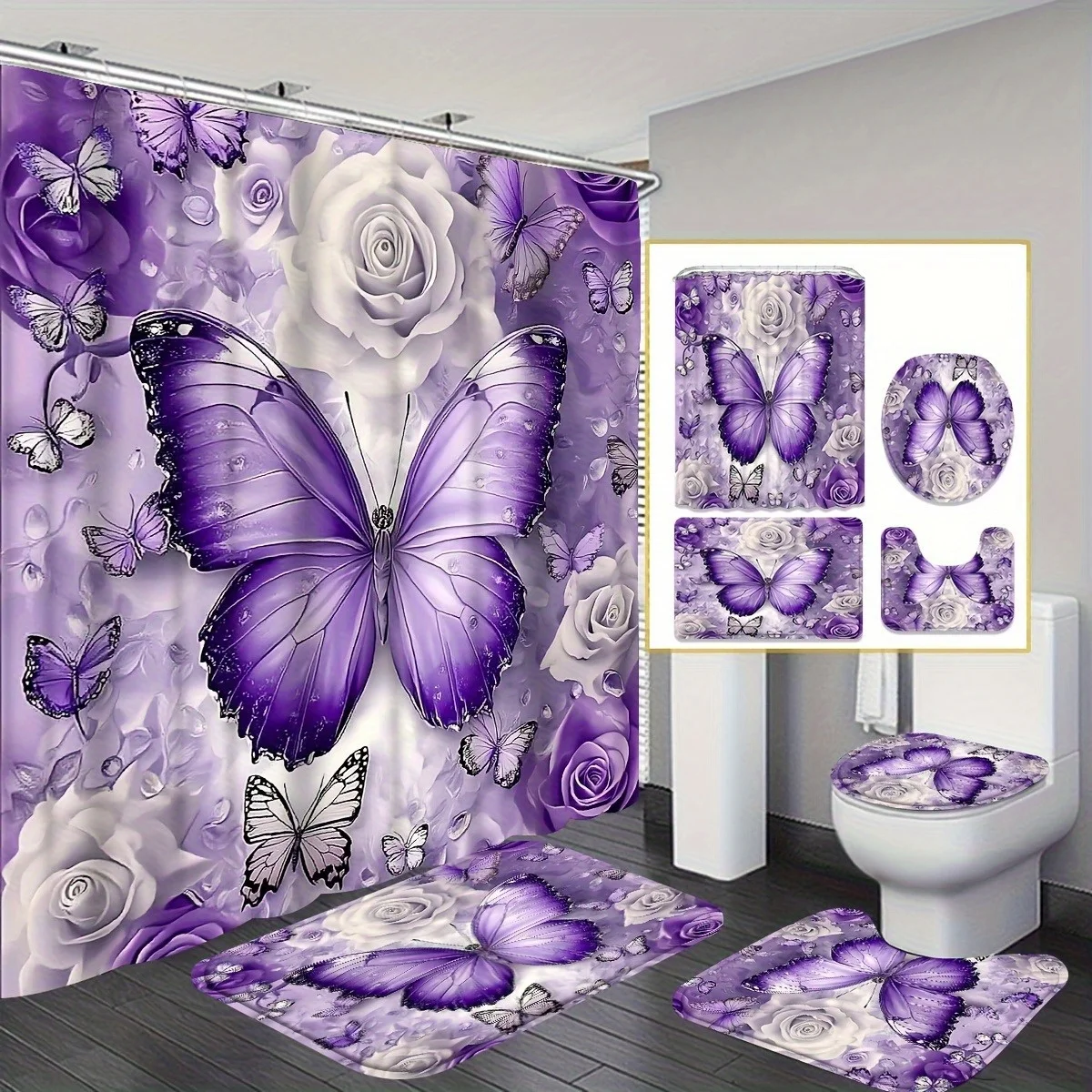 مجموعة ستائر دش أرجوانية مزخرفة بنمط الفراشة مكونة من قطعة واحدة، ستائر ديكور حمام أنيقة للسيدات، قماش بوليستر قابل للغسل #1
