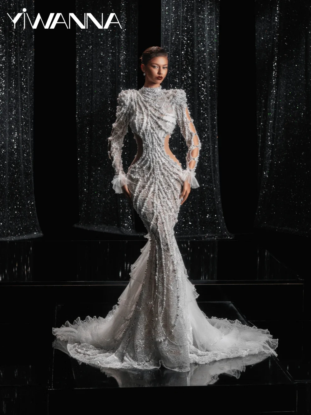 

Heavy Beaded Pearls Mermaid Wedding Dress Sparkly High Collar Long Sleeve Bridal Gown Customized Illusion Lace Dresses For Bride