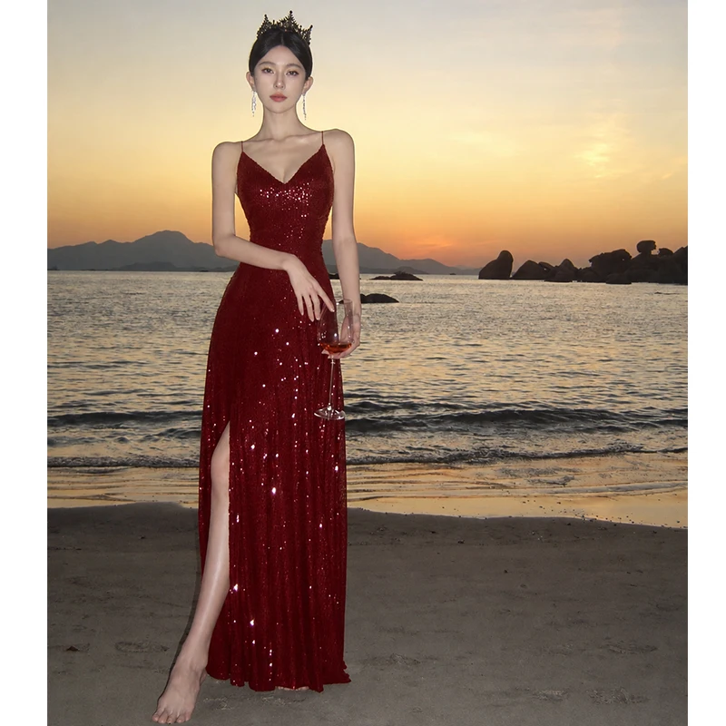 Southeast Asian Women's Flashing Sequin Gown Thin Strap Backless Birthday Party Ball Gown Elegant Fish Tail Skirt Polyester F...
