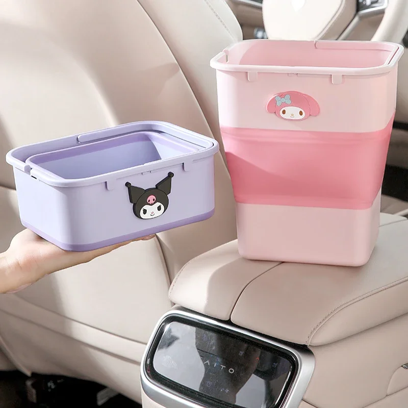 Sanrio Kawaii My Melody Car Folding Trash Can Kuromi Anime Cartoon Cute Fashion Exquisite Waterproof Storage Box Sanitary Bucket