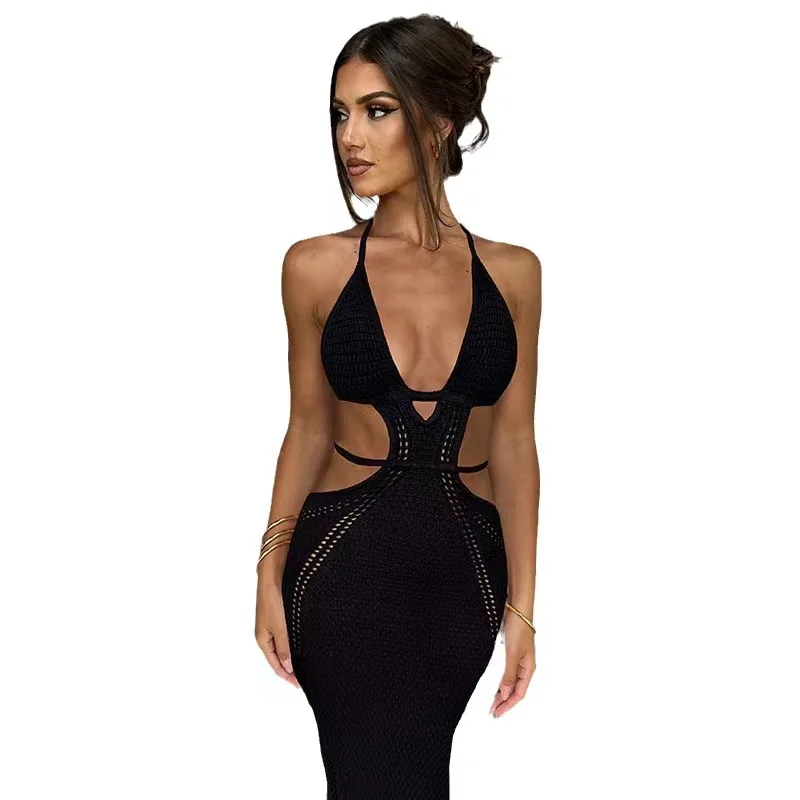 Robe tricotée en perspective creuse pour femmes, jupe de longueur moyenne, col en V sexy, dos nu, fente taille haute, jupe de plage irrégulière