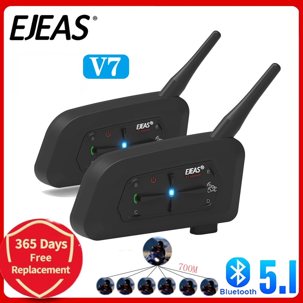 EJEAS V7 Motorcycle Bluetooth Helmet Intercom 700M Helmet Interphone For 7 Rider 2-way BT5.1 Motorcycle Communicator IP65/850mah