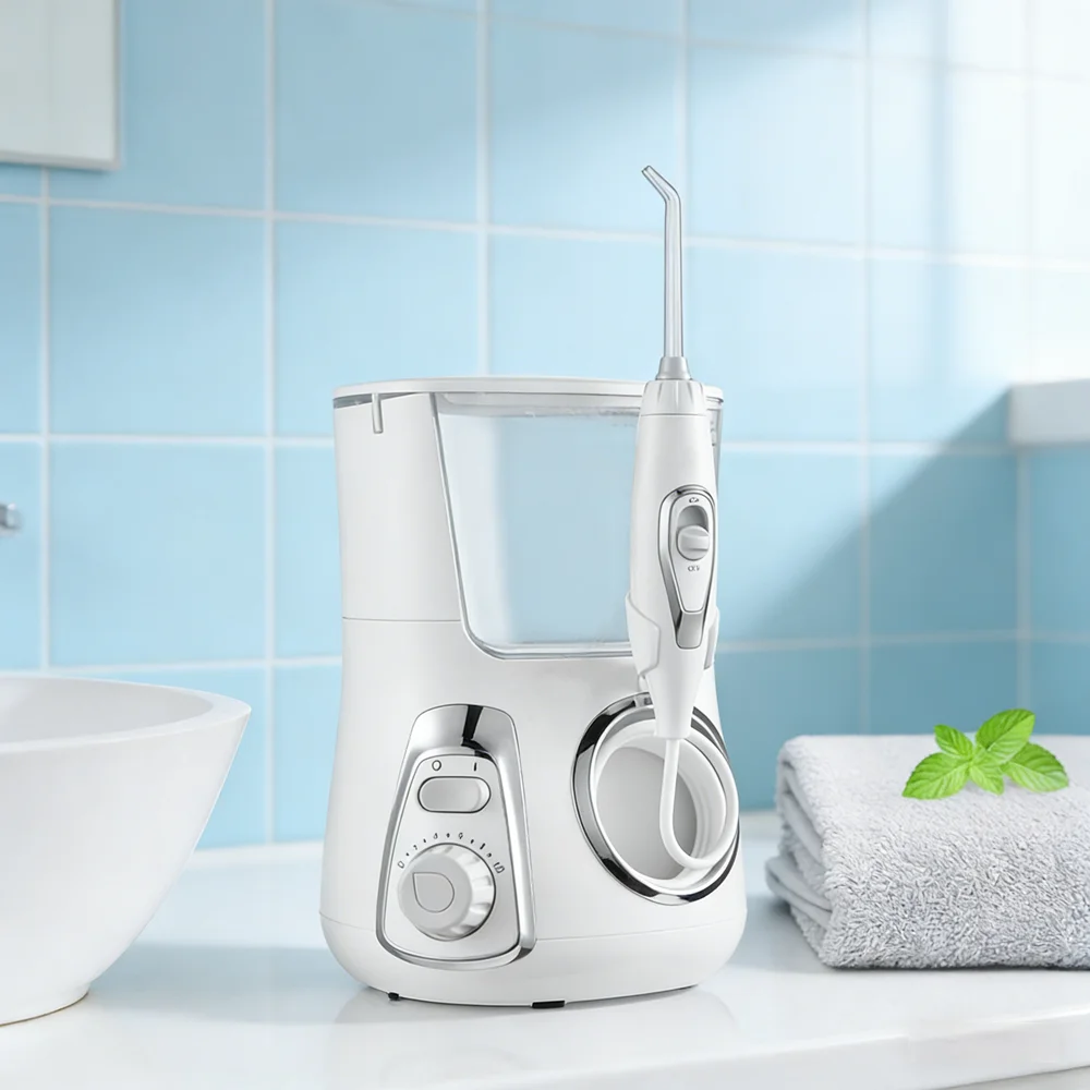 

Настольная водоструйная зубная нить, 800 мл, 360° ° Зубное орошение, 10 режимов, 5 насадок, IPX7, водонепроницаемый уход за полостью рта