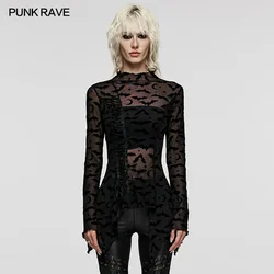 T-shirt Basic con colletto alto a maniche lunghe in rete di pipistrello gotico da donna PUNK RAVE scava fuori i top neri con orlo irregolare Sexy