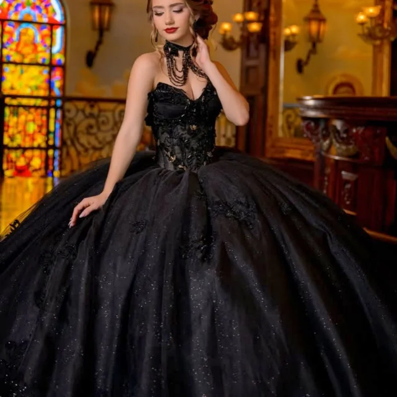 

Shiny black Quinceanera Dress glitter crystal Decal 3D flower Long tail beading Vestidos De 15 Quinceanera ﻿Customize