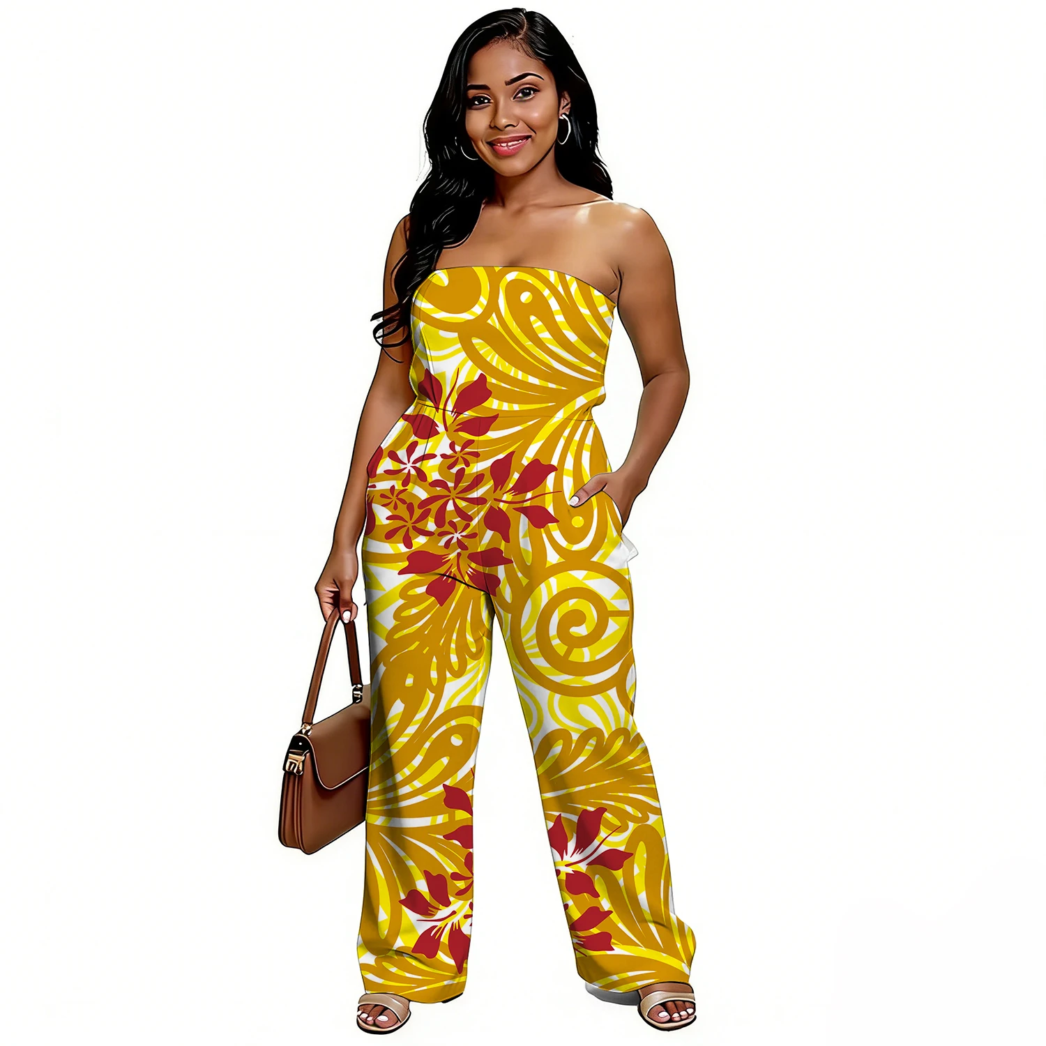 

Элегантное и облегающее женское платье-боди без бретелек в полинезийском стиле, из мягкой и комфортной ткани с художественными узорами.