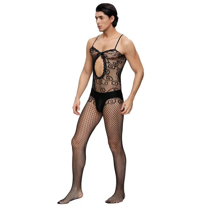 Men Sexy Crotchless Erotic Lingerie Porn Fishnet Mesh Bodysuit Gay Stretch Open Crotch Porn Teddy Hollow Out Bodystocking Fetish