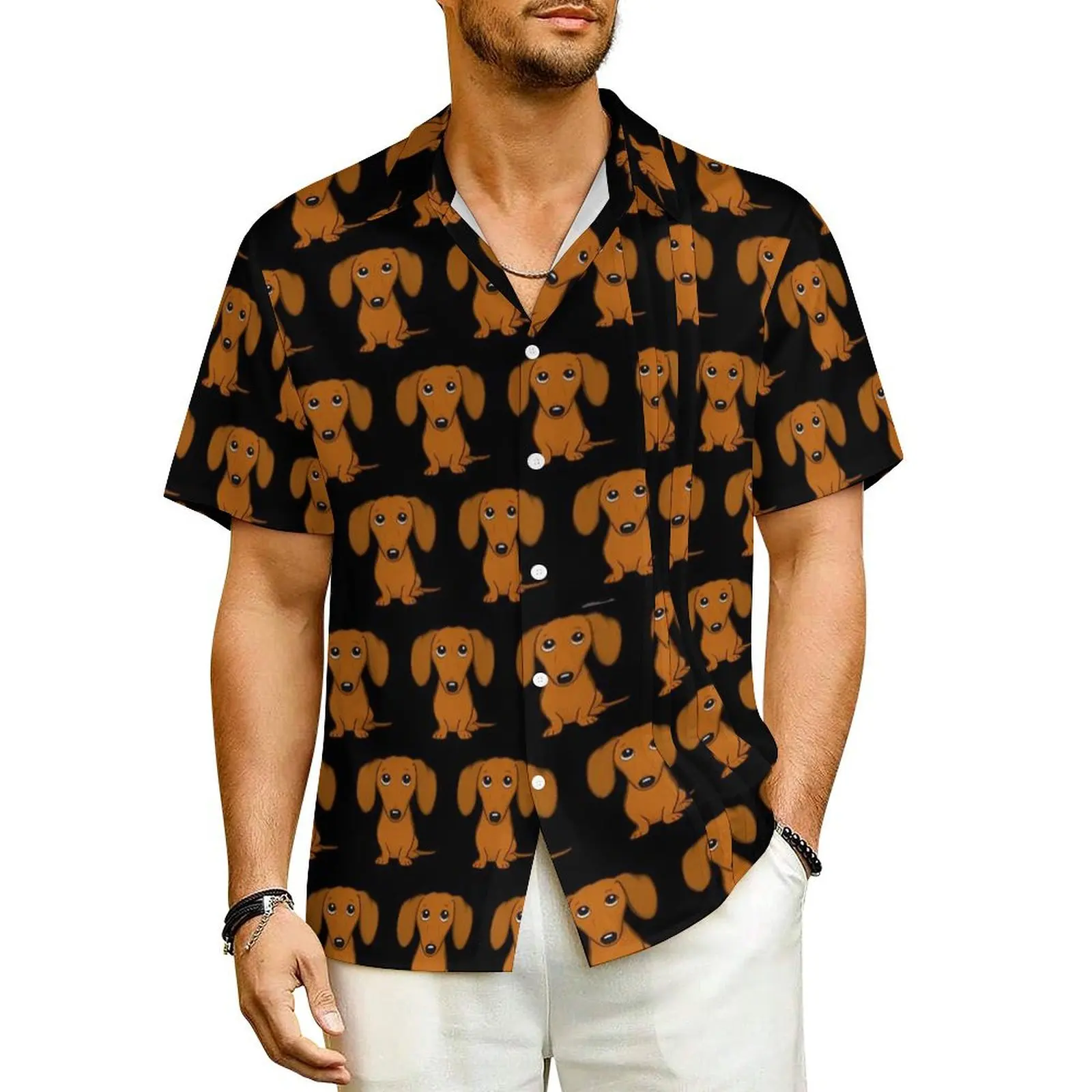 

Hawaiian Shirt Vacation Dog Print Blouses Cute Dachshunds Elegant Casual Shirts Men Short Sleeves Harajuku Oversize Top