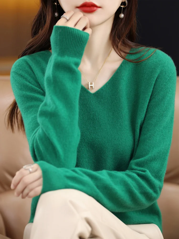 

Spring Autumn Cashmere Sweater V Neck Women 100% Merino Wool Pullover Seamless Soft Jumper Basic Casual Knitwear Solid color Top