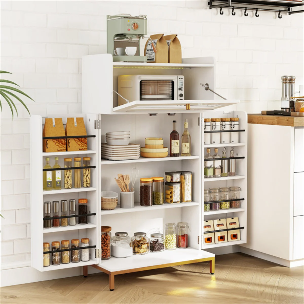 White + Gold Kitchen Pantry Cabinet, Built-in Charging Station (AC/USB/Type-C) & Customizable LED Lights