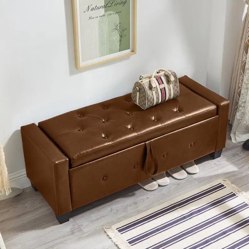 

48 Inch Upholstered Storage Bench, Tufted Faux Leather Ottoman for Bedroom, Living Room, Hallway - Brown