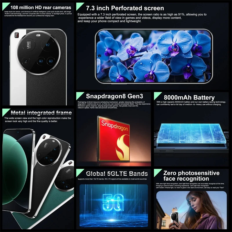 2025 جديد M15 Ultra الهاتف الذكي 7.3 بوصة HD 16GB + 1 تيرا بايت هاتف محمول 50 + 108MP ثنائي الشريحة 5G الهواتف المحمولة 8000mAh Android15 غير مقفلة