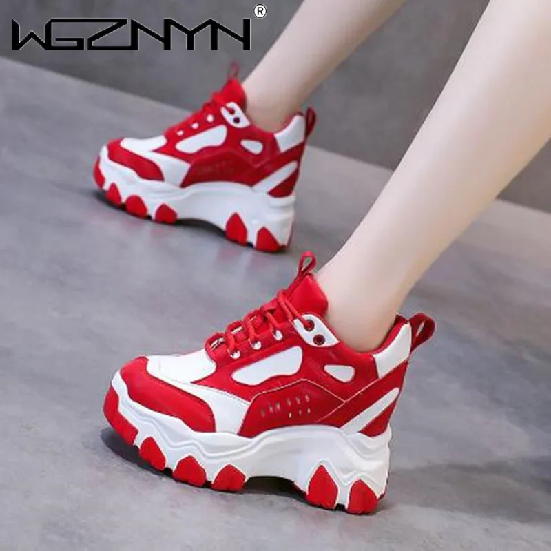 9.5CM High Platform Sneakers For Women Chunky Leather Shoes Fashion Walking Trainers Casual Shoes Woman Lace-up Vulcanized Shoe