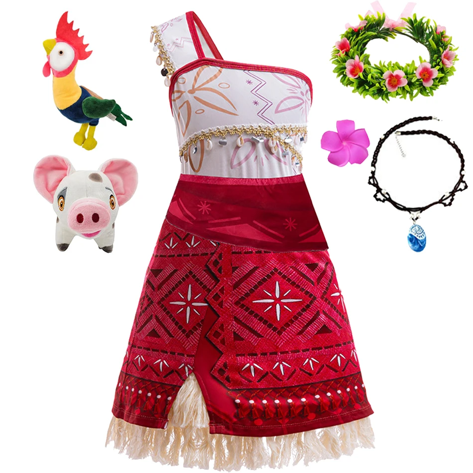 Moana 2 nuevo vestido para niñas, ropa de princesa, vestido de aventura para niños, collar de Vaiana, cerdo, pollito, fiesta de Carnaval, disfraz de Cosplay de verano