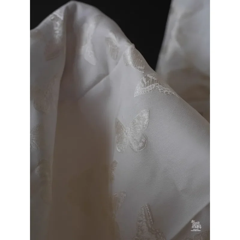 White Butterfly Embroidered Jacquard Fabric High Quality Clothing Handmade DIY Smooth Texture Dress Hanfu Designer Fabrics