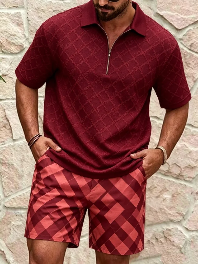 

Men's Half-Zip Short Sleeve Shirt & Shorts Set, Loose Comfort Jacquard Argyle Print Casual Summer Outfit