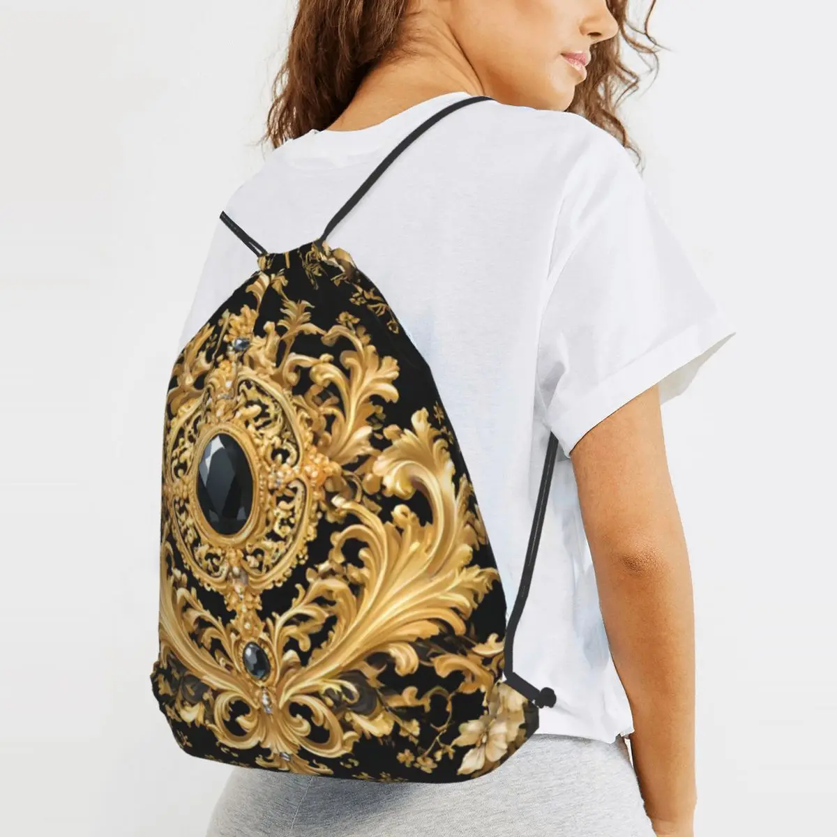 Jewels And Gold Rococo Backpacks Portable Drawstring Bags Shoes Bag Book Bags for Travel School