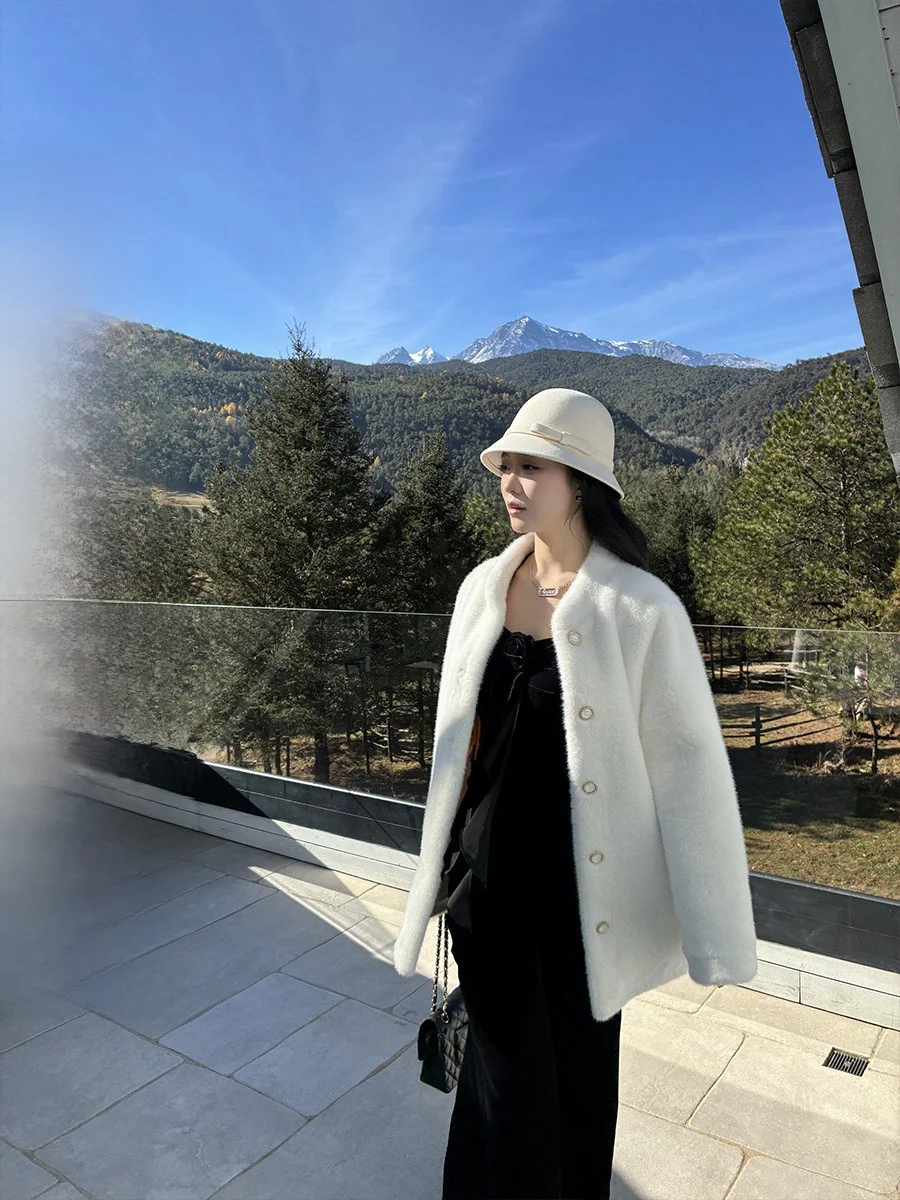 

Velvet Warm Tea Small Cherry Fur Coat Loose Fit Stand Collar Gentle Sle plus Size Faionable Eco-friendly Long Sve Coat