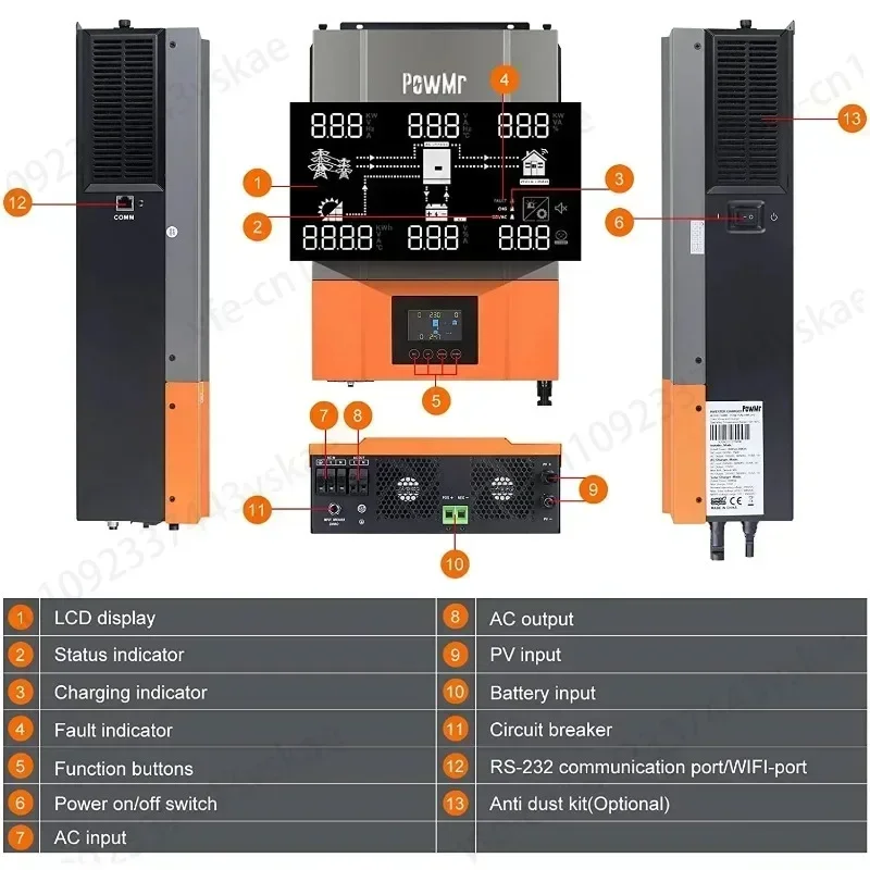 PowMr 6.2KW 4.2KW Hybrid Solar Inverter On Grid Pure Sine Wave Inverter 24V 48V 230V Dual Output with MPPT 120A Solar Charger