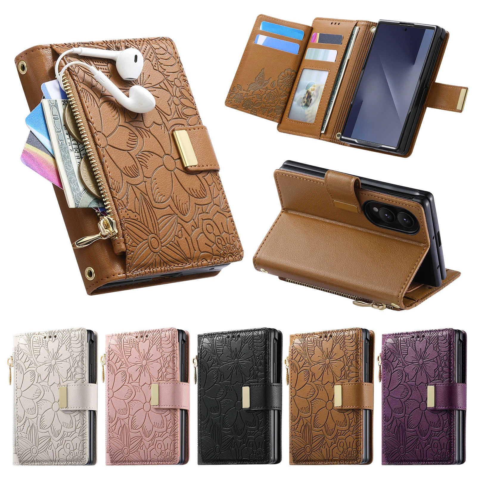 Case For Samsung Galaxy Z Fold 8 Wide Luxury Leather Zipper Flip Wallet Card Slot Bracket Shockproof Back Cover Accessories